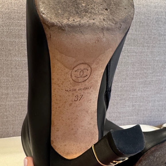 CHANEL Black Leather Heeled Boots with Gold Accents - Picture 7 of 7